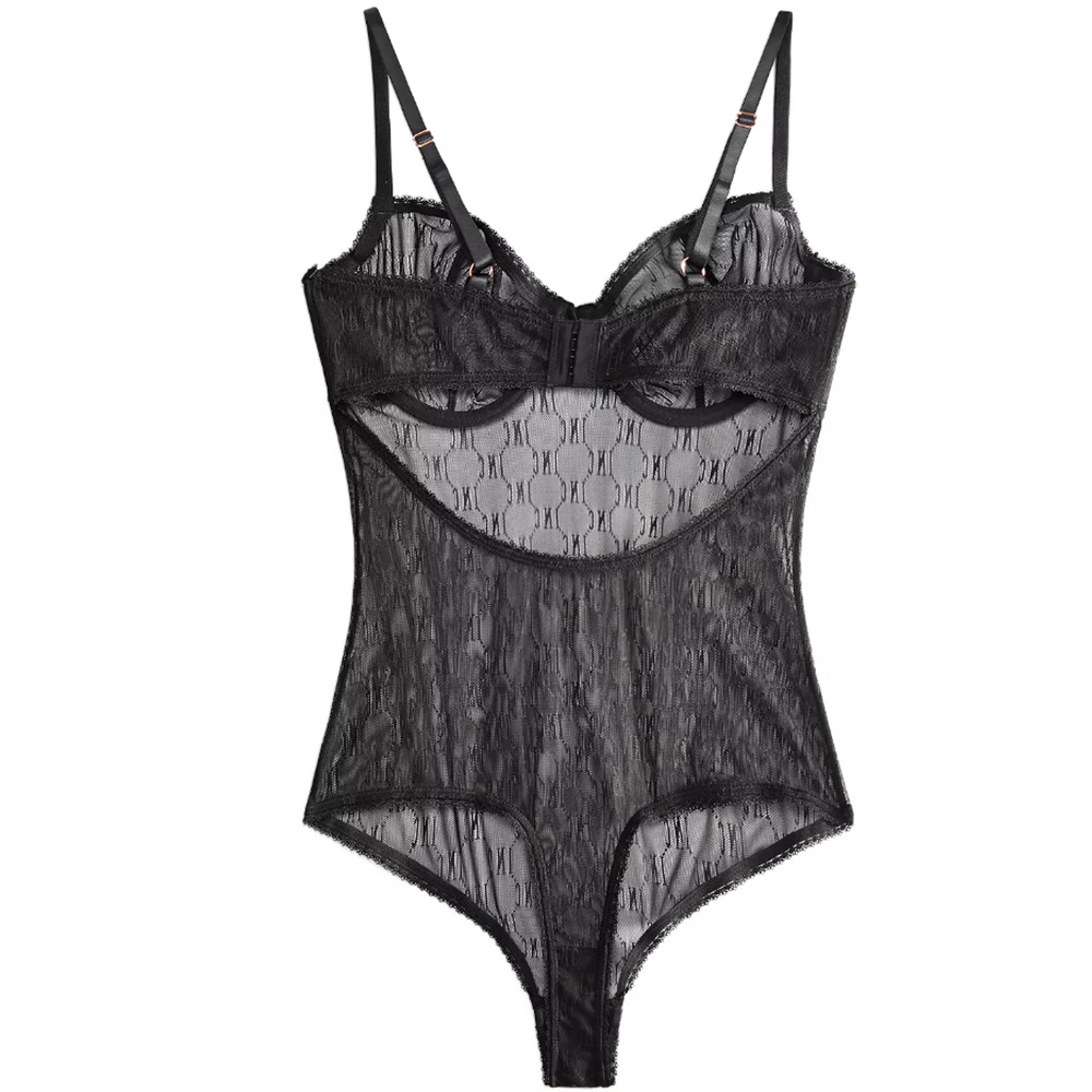 INC INTERNATIONAL CONCEPTS WOMENS MONOGRAM MESH BODYSUIT BLACK LOGO MEDIUM NEW